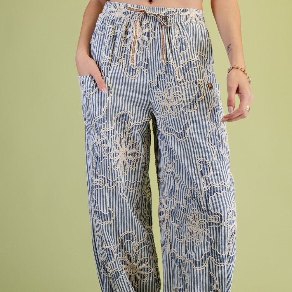 E20 EASEL EMBROIDERY STRIPED WOVEN PANTS IN DENIM BLUE - Picture 2 of 7